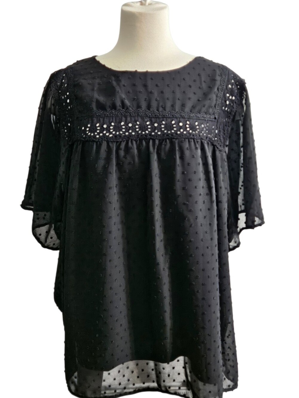 Classy Black Swiss Dot Lace-Trim Flutter Sleeve Top, 2X